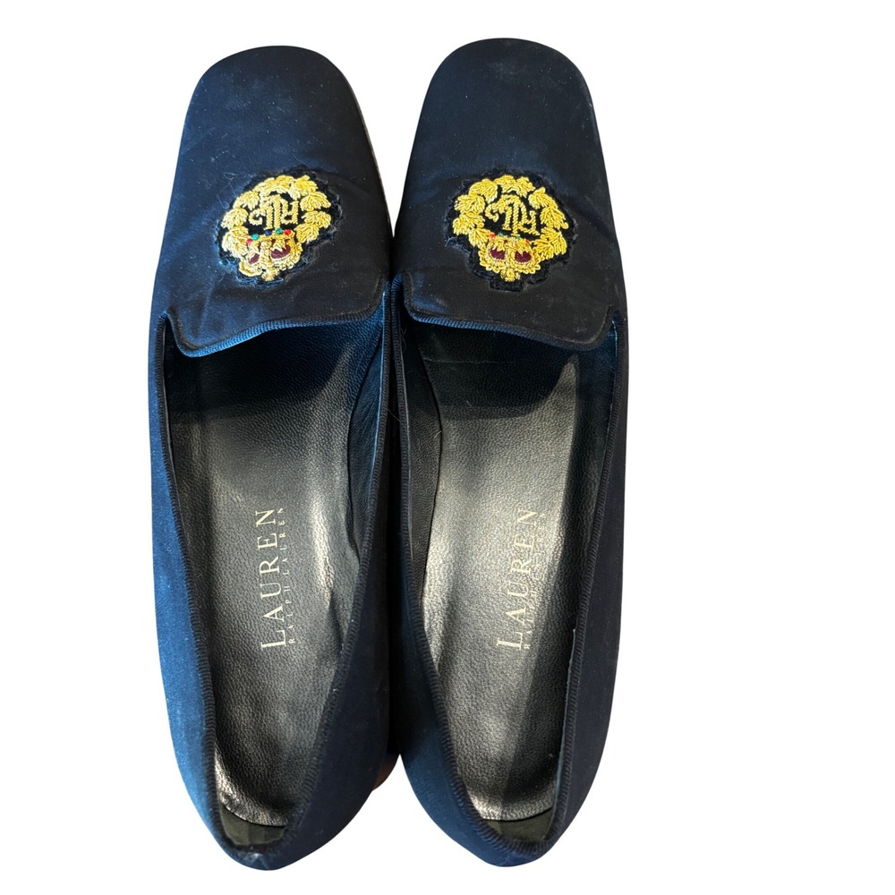 Lauren Ralph Lauren Vintage Black Satin Crest Smoking Loafers Womens 8.5 AA